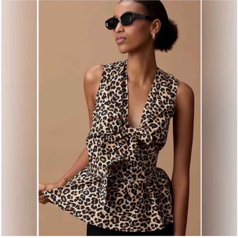 Anthropologie Maeve Sleeveless Leopard Bow Peplum Blouse